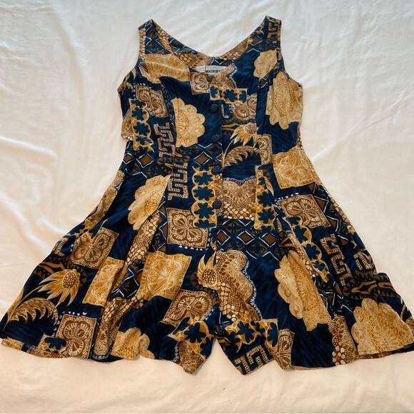 Joni Blair Romper Blue Tan Floral Abstract V Neck Button Front Tie Back Size 7 - Picture 7 of 9